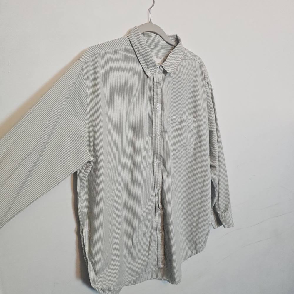American Eagle Oversized Striped Sage Green Button up Shirt Large Resort Cotton - Picture 3 of 11